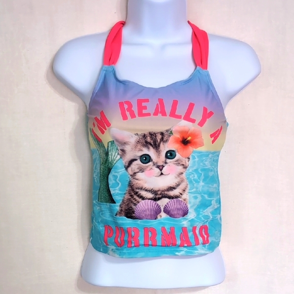 Justice Blue Pink Cat Tankini Racerback Size 10 - Picture 1 of 3